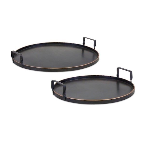 Homeroots Set Of Two Black and Gold Round Metal Serving Tray With Handles 516314 - main