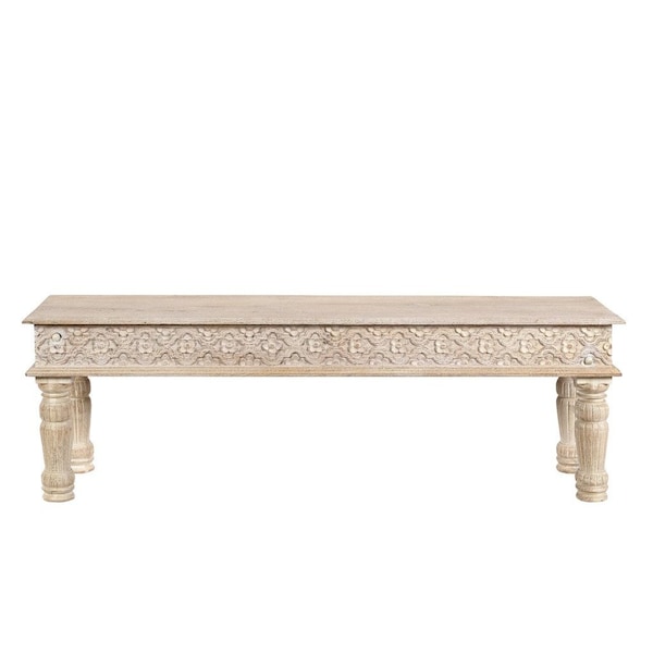 Homeroots 58" White Floral Distressed Solid Wood Dining Bench 522088 - main