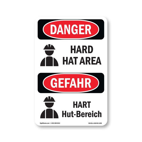 Signmission OSHA Danger Sign, Hard Hat Area Bilingual, 18in X 12in Aluminum, OS-DS-A-1218-VG-1292 OS-DS-A-1218-VG-1292 - main