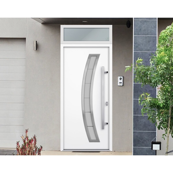Vdomdoors Steel Door Deux 6500 White Transom Window Stainless Inserts Single Modern Painted-W36xH80+16-Left I DEUX6500EXD-WS-W36 x H80+16-Left-hand Inswing - main