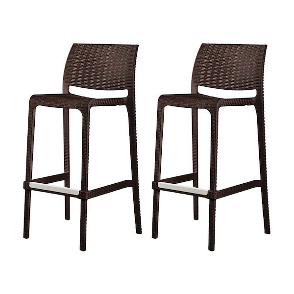 Homeroots Set of Four 30" Brown Faux Rattan Heavy Duty Plastic Low Back Outdoor Bar Height Chairs 565348 - main