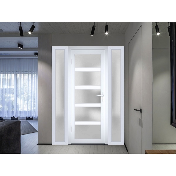 Vdomdoors Front Exterior Prehung FiberGlass Door Frosted Glass / Manux 8002 White Silk / 2 Sidelight Exterior MANUX8002EXD-WS-W14+30+14 x H80-RH - main