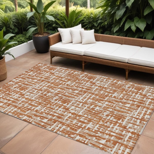 Homeroots 8' X 10' Terra Cotta Tan And Ivory Abstract Washable Indoor Outdoor Area Rug 602536 - main
