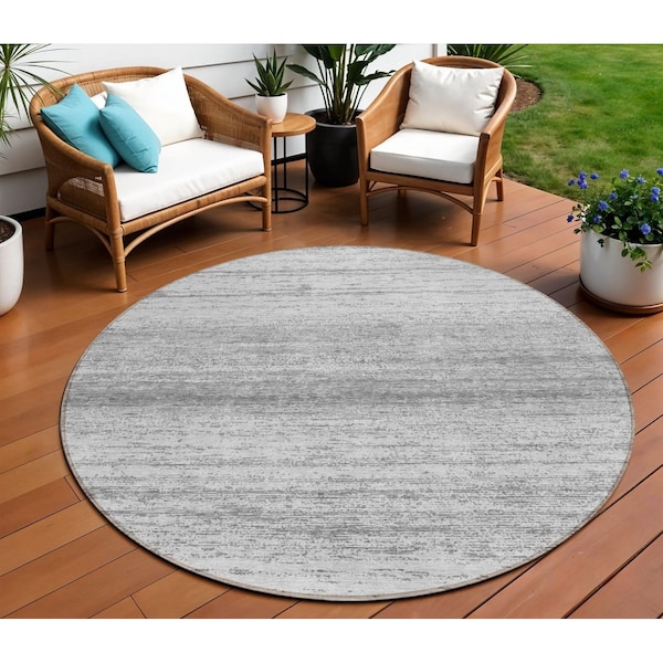 Homeroots 8' Gray And Silver Round Striped Washable Indoor Outdoor Area Rug 589682 - main