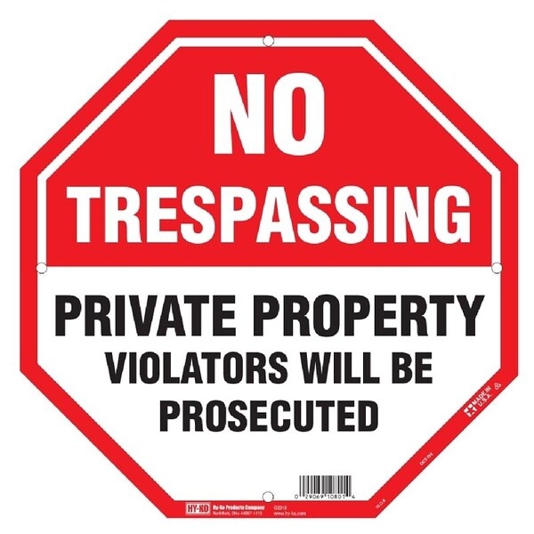 Hy-Ko Property Sign, Octagon, NO TRESPASSING PRIVATE PROPERTY VIOLATERS WILL BE PROSECUTED OCT-110 - main