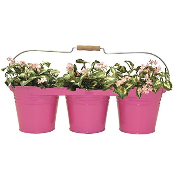 Houston International Trading Enameled Galvanized Triple Planter with Wood Handle for 6.5 in. Pots, HotPink 8333E HPK - main
