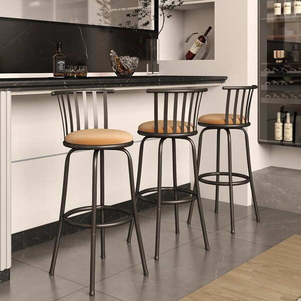 Homeroots Set of Three Brown and Black Faux Leather and Iron Low Back Adjustable Height Swivel Bar Chairs 610396 - main
