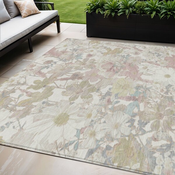 Homeroots 5' X 8' Ivory Beige And Linen Floral Washable Indoor Outdoor Area Rug 611193 - main