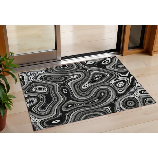 Homeroots 3' X 5' Black And Ivory Geometric Washable Indoor Outdoor Area Rug 631371 - main