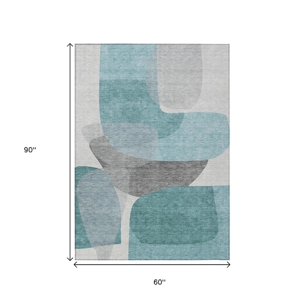 Homeroots 5' X 8' Teal Blue And Gray Abstract Washable Indoor Outdoor Area Rug 632186 - main