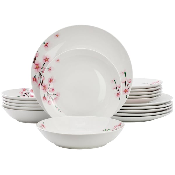 Elama Tamara 18 Piece Cherry Blossom Porcelain Dinnerware Set, Service for 6 in White and Pink 750123736M - main