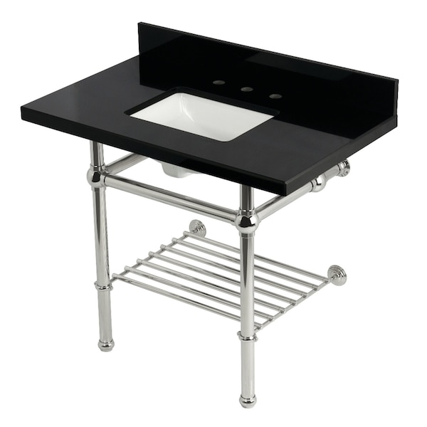 Kingston Brass 36-Inch Black Granite Console Sink with Brass Legs and Shelf, 8-Inch, 3-Hole KVPK3630KBSQB6 - main