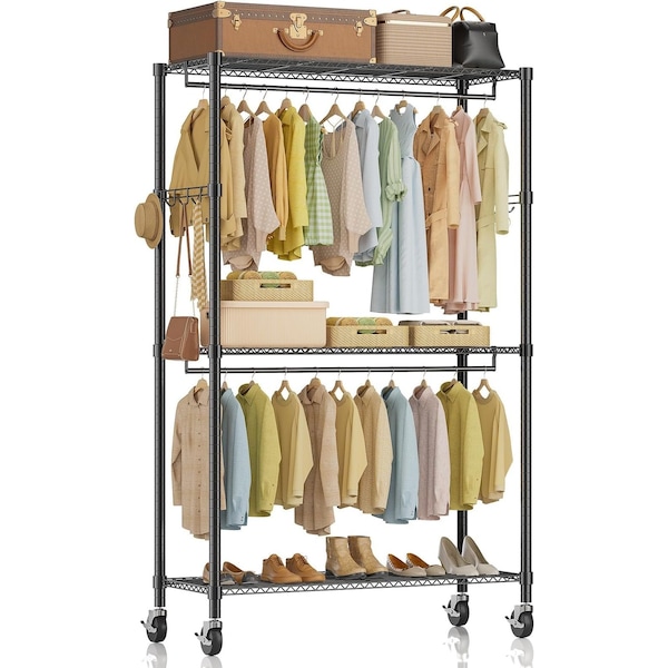 Simple Deluxe Rolling Clothes Rack, Heavy Duty Clothing Rack, 3-Shelf Portable Garment Rack with Wheels, Double A 3A88HKRACKCLOTH431780B - main