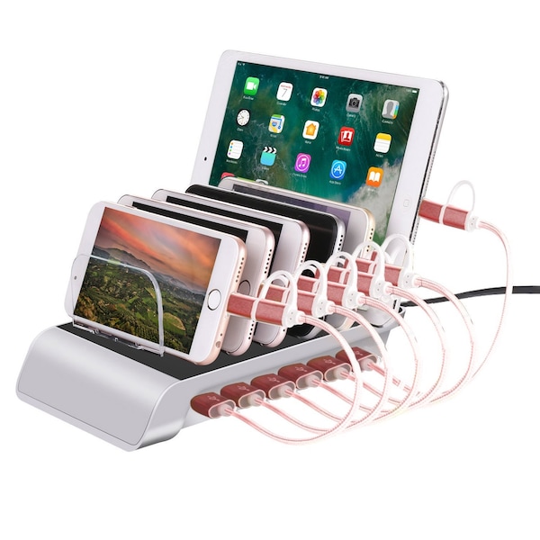 Trexonic 10.2A 6-Port USB Charging Station with 6 Device Slots, Silver TRX-USB61000SLVR - main