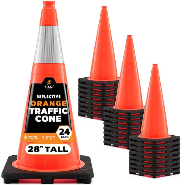 Xpose Safety Traffic Safety Cone, 28 in, PVC, 6 in Reflective Collar, DOT Approved, Orange, 24 pk OTC28-6-24-X - main
