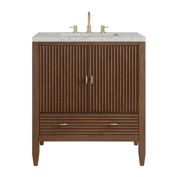 James Martin Vanities Myrrin 30" Single Vanity, Mid-Century Walnut w/ 3 CM Eternal Jasmine Pearl Silestone Top 485-V30-WLT-3EJP - main