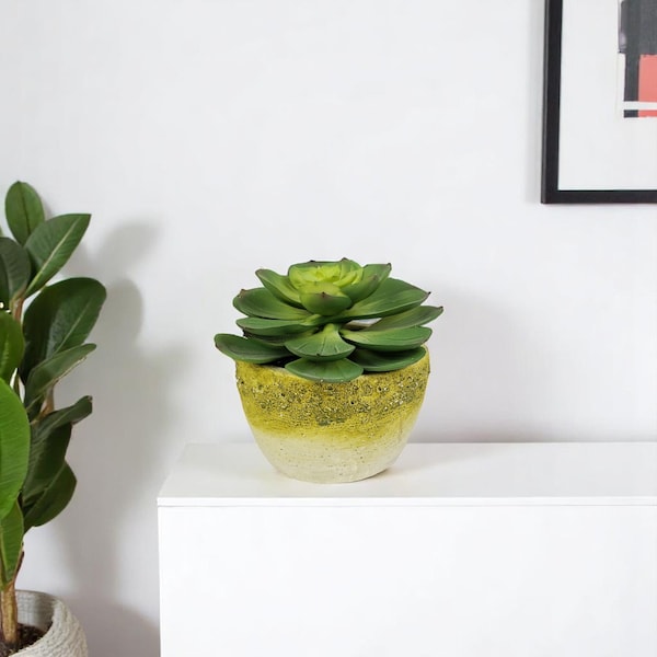 Homeroots 4" Green Succulent Artificial Succulent in a White And Yellow Pot 526889 - main