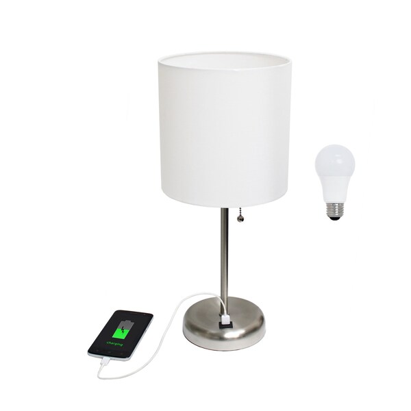 Homeroots 20" Silver Metal USB Table Lamp LED With White Drum Shade 643257 - main