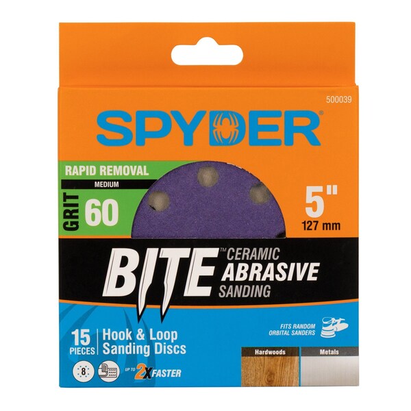 Spyder 5-Inch x 8-Hole 60 Grit Ceramic with Stearate Sanding Discs, 15PK 500039 - main