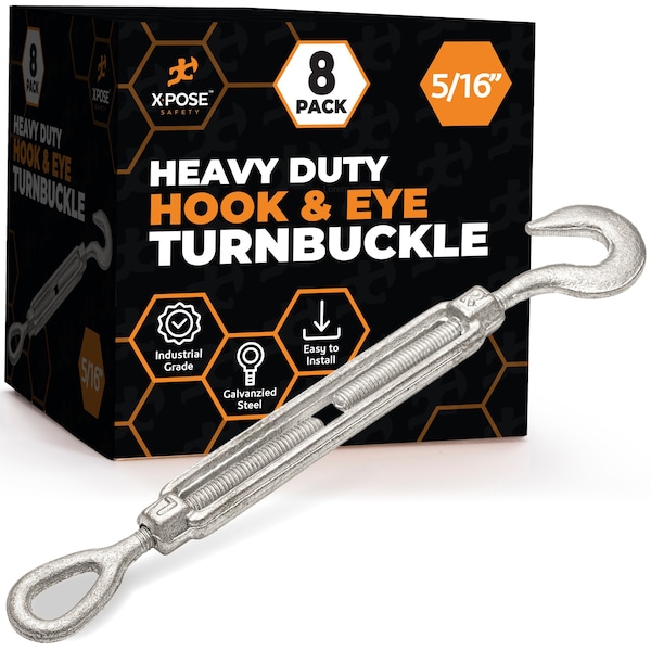Xpose Safety 5/16in Hook and Eye Turnbuckle, Heavy Duty Galvanized Steel Turn Buckles, 8PK GTB516-HE-8-X-S - main