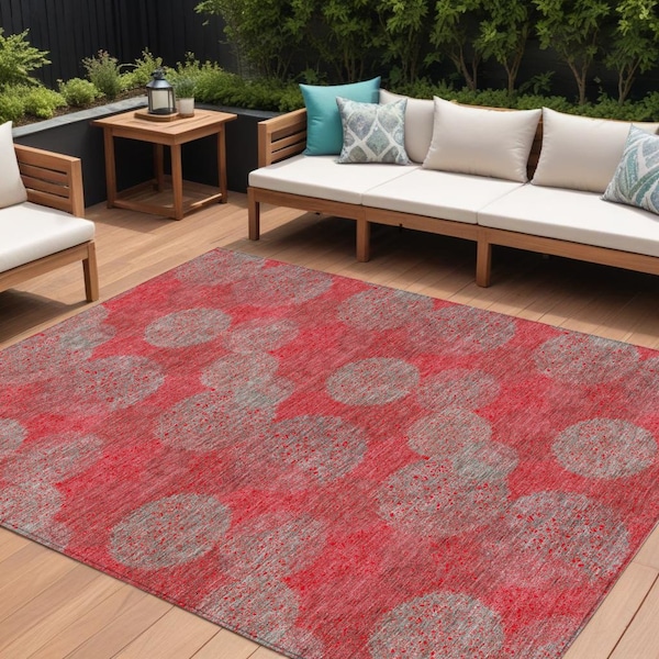 Homeroots 10' X 14' Red Gray And Silver Polka Dot Washable Indoor Outdoor Area Rug 614706 - main