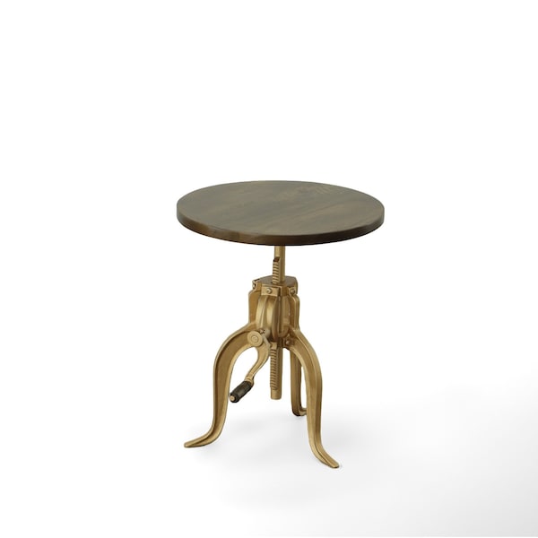 Homeroots 19" Brass Solid Wood And Iron Height Adjustable Round End Table 493239 - main