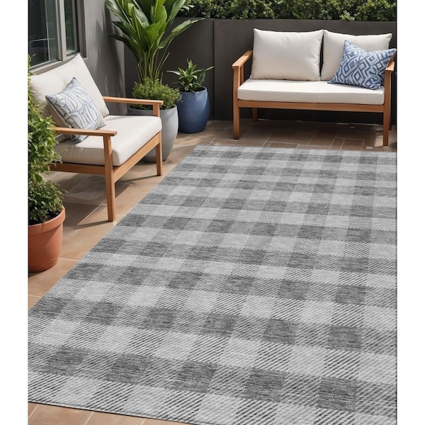 Homeroots 5' X 8' Gray And Charcoal Plaid Washable Indoor Outdoor Area Rug 595482 - main