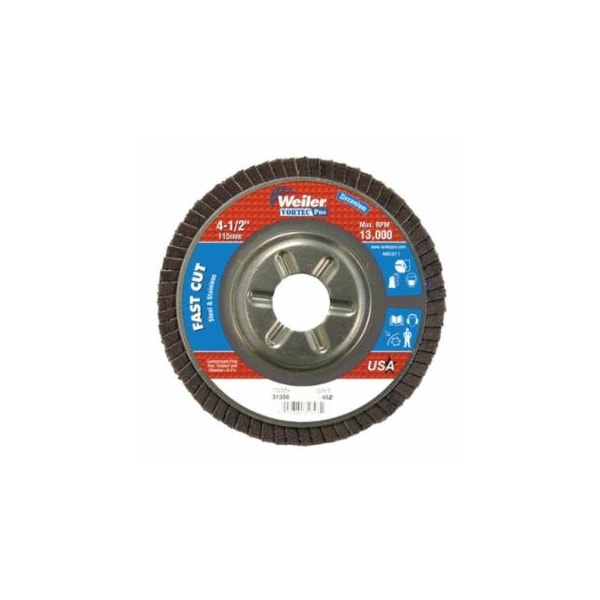 Weiler Vortec Pro Abrasive Flap Discs, 4.5 in, 40 Grit, 7/8 Arbor, 13,000 rpm, Alum Back, 10PK 804-31308 - main