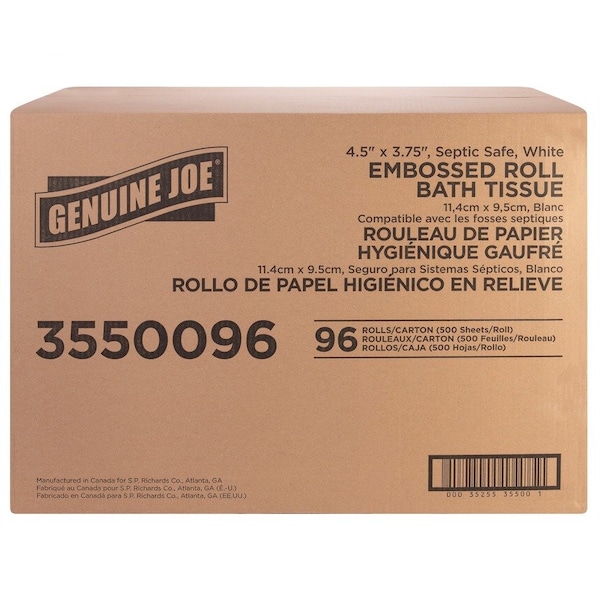 Genuine Joe Bath Tissue - 2 Ply - 4.50in x 3in - White - 500 Sheets Per Roll - 96 / Pack, 96PK GJO3550096 - main