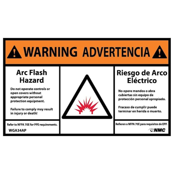 Nmc Warning Arc Flash Hazard Label, Pk5, WGA34AP WGA34AP - main