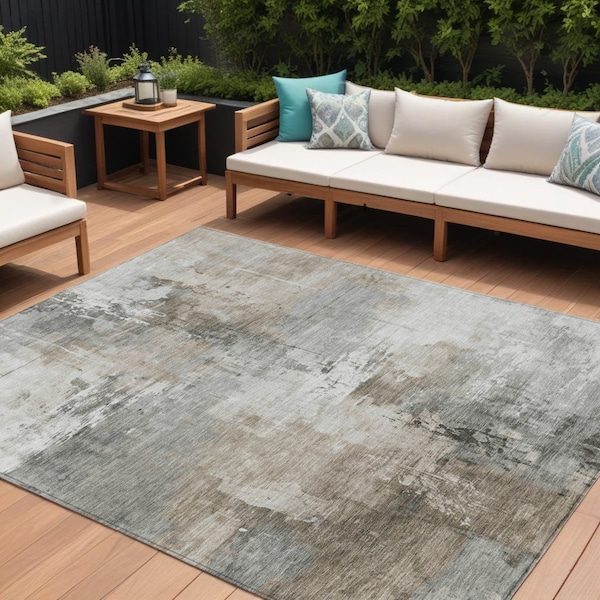 Homeroots 10' X 14' Ivory Gray And Khaki Abstract Washable Indoor Outdoor Area Rug 616837 - main