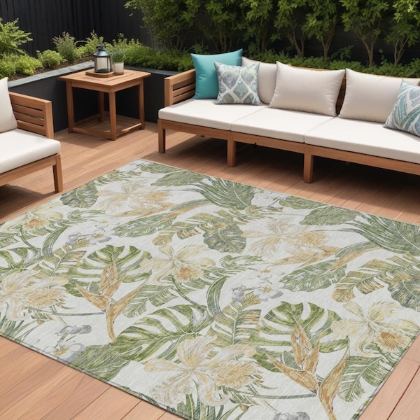 Homeroots 9' X 12' Ivory Wheat And Olive Green Botanical Leaves Washable Indoor Outdoor Area Rug 618410 - main