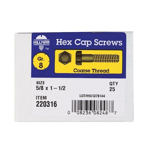 Hillman 5/8 in. D X 1-1/2 in. L Heat Treated Steel Hex Head Cap Screw, 25PK 220316 - main