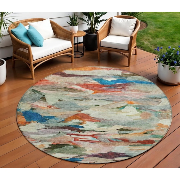 Homeroots 8' Green Teal Blue And Terra Cotta Round Abstract Washable Indoor Outdoor Area Rug 603127 - main