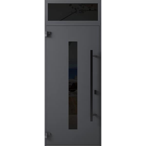 Vdomdoors Front Exterior Prehung Steel Door Ronex0130 Grey Transom Window Sidelite Entry Metal Modern Painted RONEX0130EXD-GRE-W36 X H80+16-RH-I - main