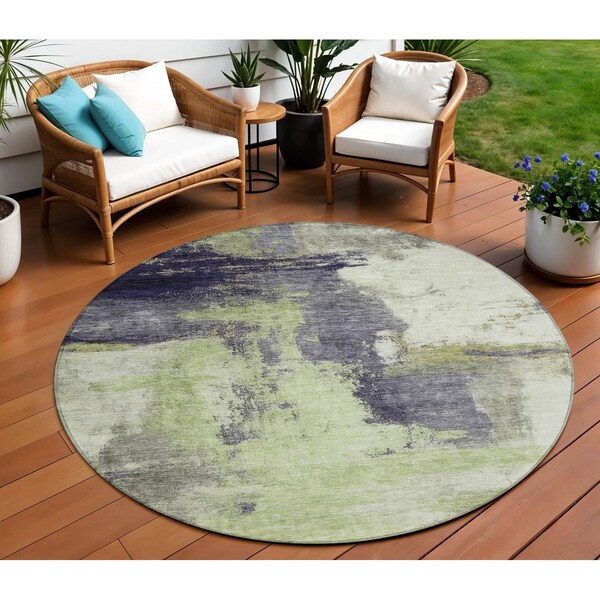 Homeroots 8' Fern Green Gray And Black Round Abstract Washable Indoor Outdoor Area Rug 602959 - main