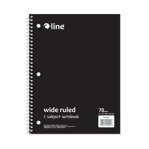 C-Line Products 8-1/2" x 10-1/2" Black Wide Ruled 1-Subject Spiral Notebook, 1/EA, 24EA/CT 22041-CT - main