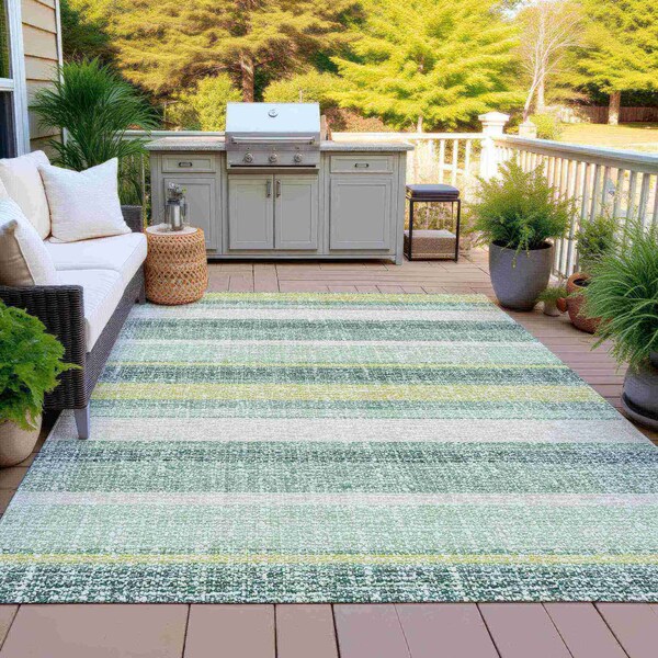 Homeroots 10' X 14' Pale Aqua And Lime Green Striped Washable Indoor Outdoor Area Rug 632244 - main
