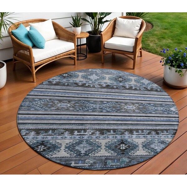 Homeroots 8' Blue Gray And Charcoal Round Tribal Washable Indoor Outdoor Area Rug 615400 - main
