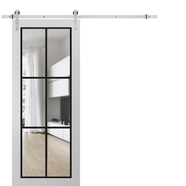 Sartodoors Sturdy Barn Door Clear Tempered Glass, Lucia 2366 White Silk and Aluminum Strips, 6.6FT Silver Rai LUCIA2366BD-S-WS-24 x 96 - main