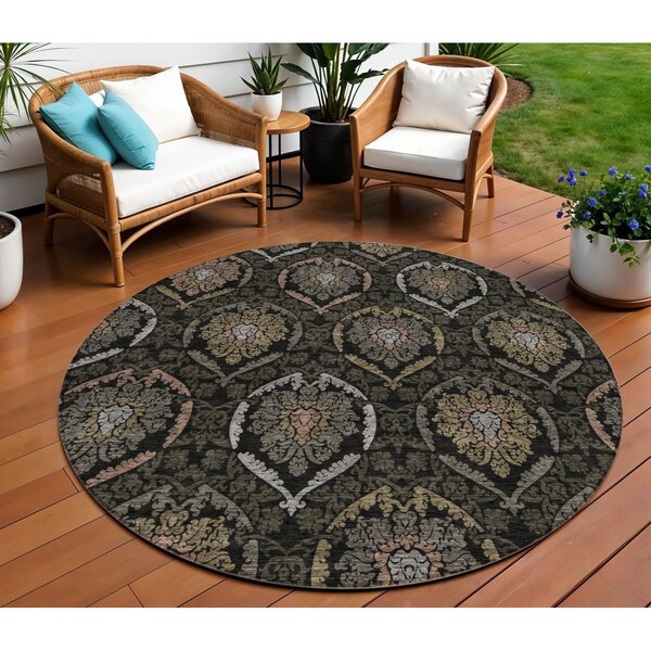 Homeroots 8' Black Gray And Brown Round Medallion Washable Indoor Outdoor Area Rug 587694 - main
