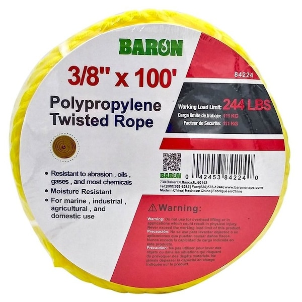 Baron Rope, 3/8 in Dia, 100 ft L, 244 lb Working Load, Polypropylene, Yellow 84224 - main