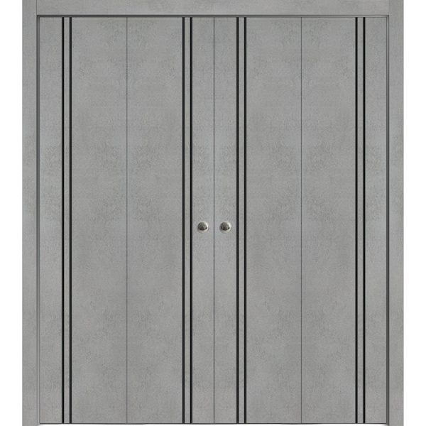Sartodoors Sliding Closet Double Bi-fold Doors, Planum 0016 Concrete and Aluminum Strips, Sturdy Tracks Moldin PLANUM0016DBF-BTN-72 x 80 (4* 18x80) - main