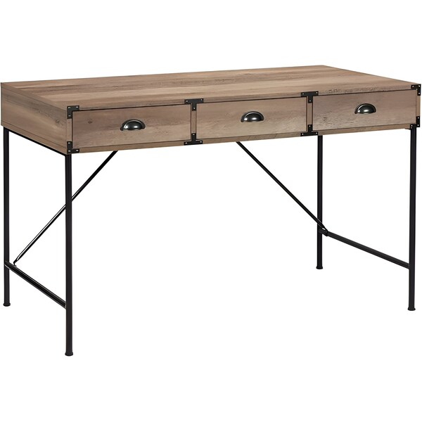 Homeroots 59" Oak Wood Wall Mounted H-Shape Writing Desk With Three Drawers 568258 - main