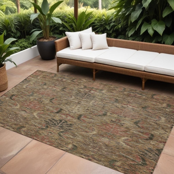 Homeroots 8' X 10' Brown Charcoal And Brick Red Damask Washable Indoor Outdoor Area Rug 603308 - main
