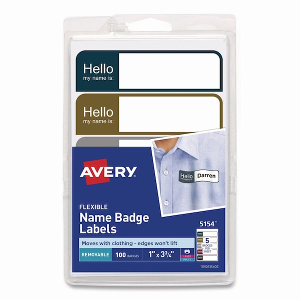 Avery Flexible Self-Adhesive Mini Name Badge Labels, 1 x 3.75, Hello, Assorted, 100PK 5154 - main
