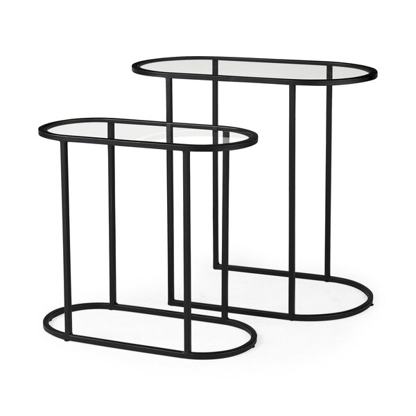Homeroots Set of Two 13" Clear and Black Glass and Metal Tray Tables, 2PK 605370 - main