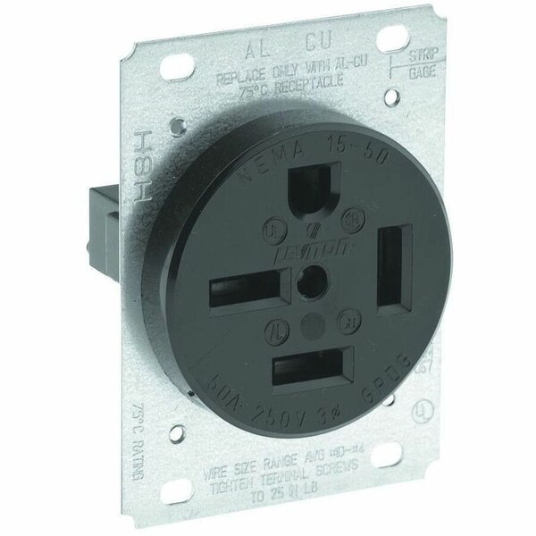 Leviton Straight Blade Receptacle, 15-50R, 50 A, 250V AC, 3 Pole, 4 Wire, Flush Mount, Three, Black 8450 - main