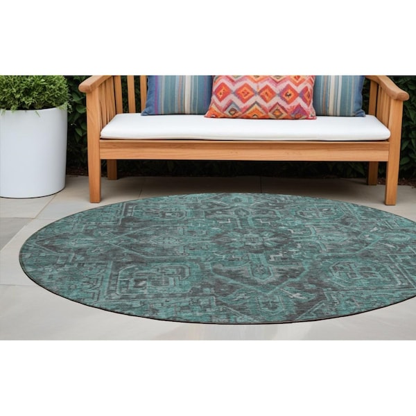 Homeroots 8' Round Turquoise Round Oriental Washable Non Skid Indoor Outdoor Area Rug 563849 - main