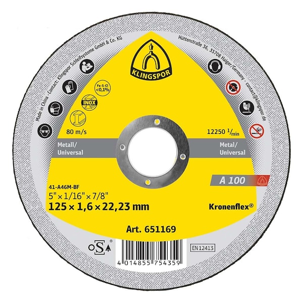 Klingspor A100 Cut-Off Wheel 5 in x 1/16 in x 7/8 T1, 25PK A1001251.622F - main